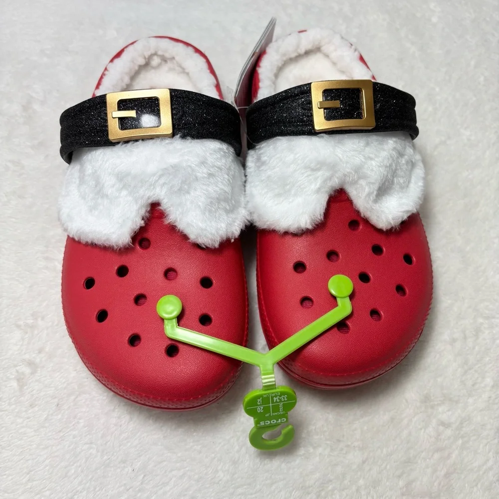 CROCS Classic Lined Santa Christmas‎ Red Clogs White Lining and Black Strap J2